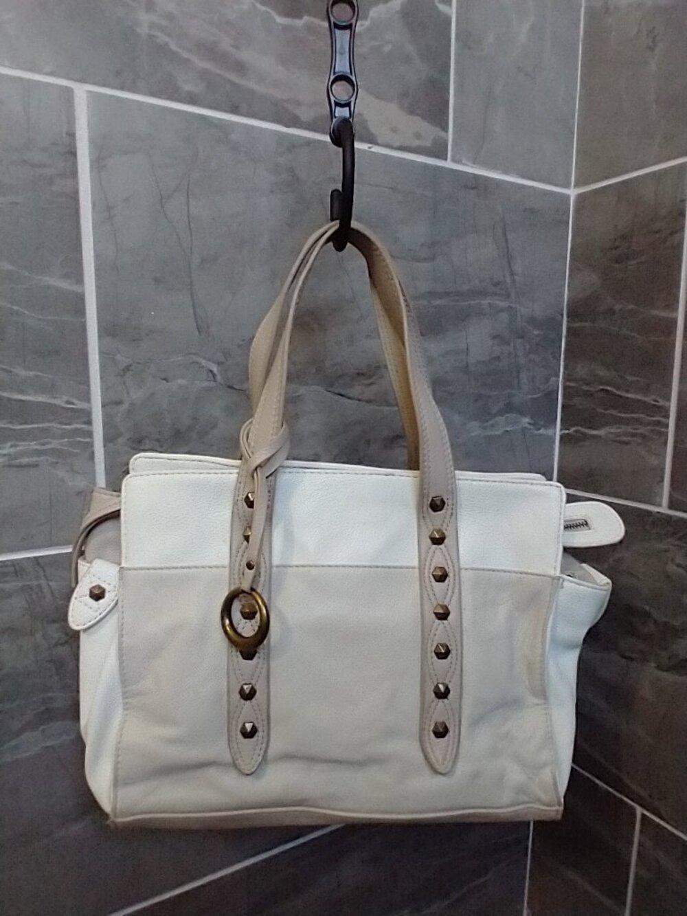 Andrea Jovine Cream/Off-White Leather Studded Satchel Tote